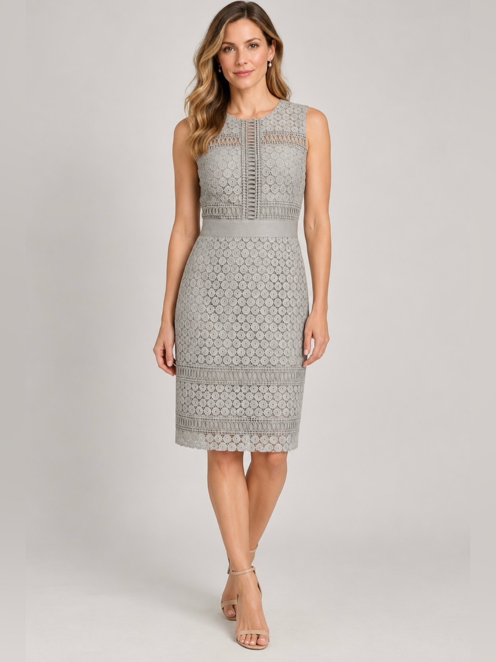 NWT Antonio Melani Della Lace Midi Sheath Dress Mineral Gray Size 12